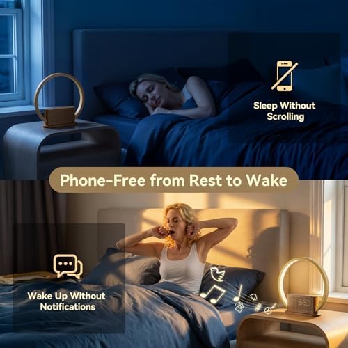 wood grain alarm clock with sunrise lamp &, front angle view