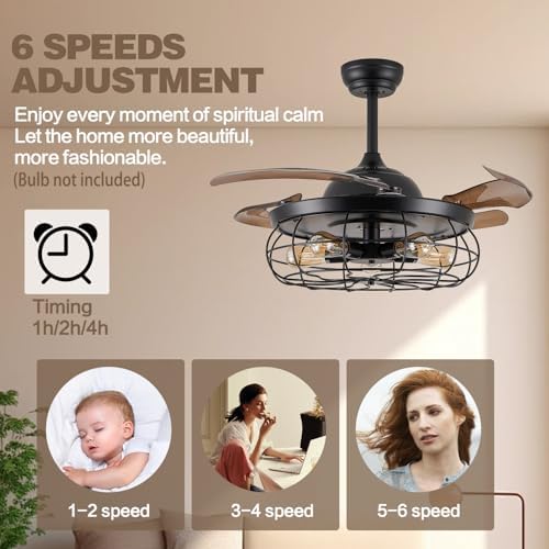 dumaiway 36" retractable ceiling fan, industrial retro caged, side view