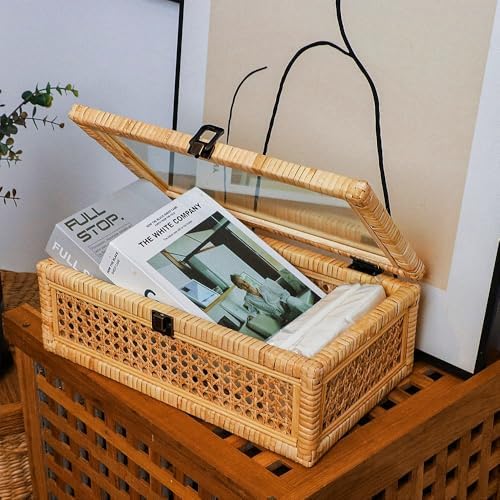 extra large rattan decorative box with lid, glass showing dimensions