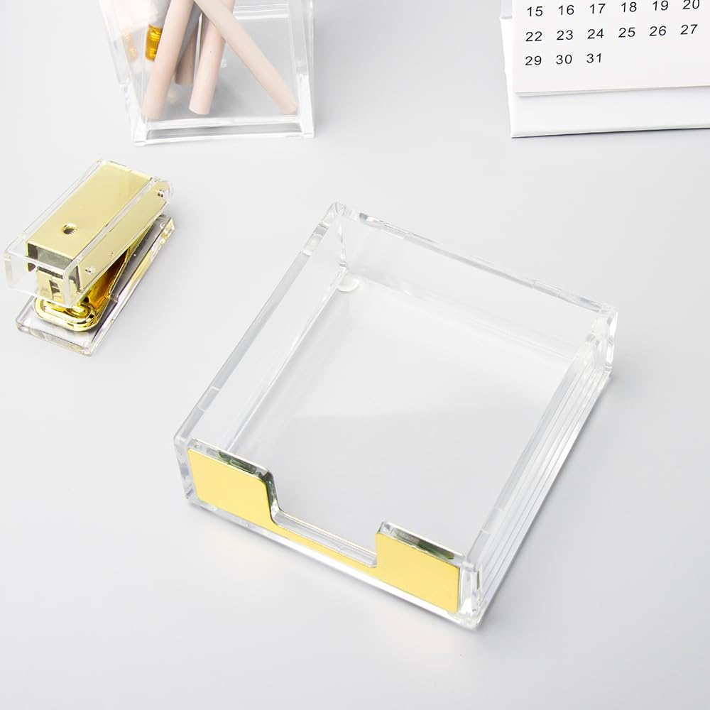 NatSumeBasics Gold Sticky Note Holder Clear Acrylic Yellow Post Note Pad Holders Memo Dispenser Case for Desk Office School Aesthetic Supplies Accessories (Pure Gold)