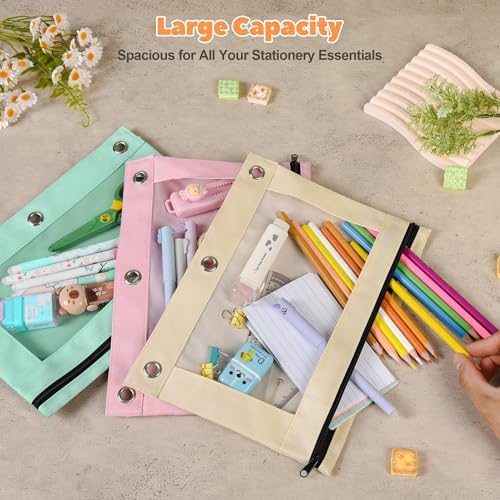 Lanpn Pencil Pouch for 3 Ring Binder 6 Pack, Pastel Binder Pen Bags with Zipper, Aesthetic 3 Holes Pencil Pouches Organizer for Boy Girl Kids School Student, Reinforced Grommets & Clear Window
