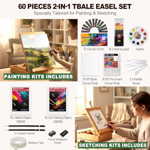 60 pieces beechwood tabletop easel set for painting shown in use