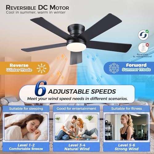 ayaoty ceiling fans with lights - 48" black showing dimensions