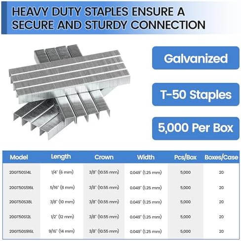 meite T50 Staples, 9/16 Inch Length Heavy Duty Staples for Staple Gun, Galvanized, 20 Gauge 3/8" Crown, Compatible with T50 Staple Gun, Ideal for Upholstery, Construction, Furniture (5,000 Counts)
