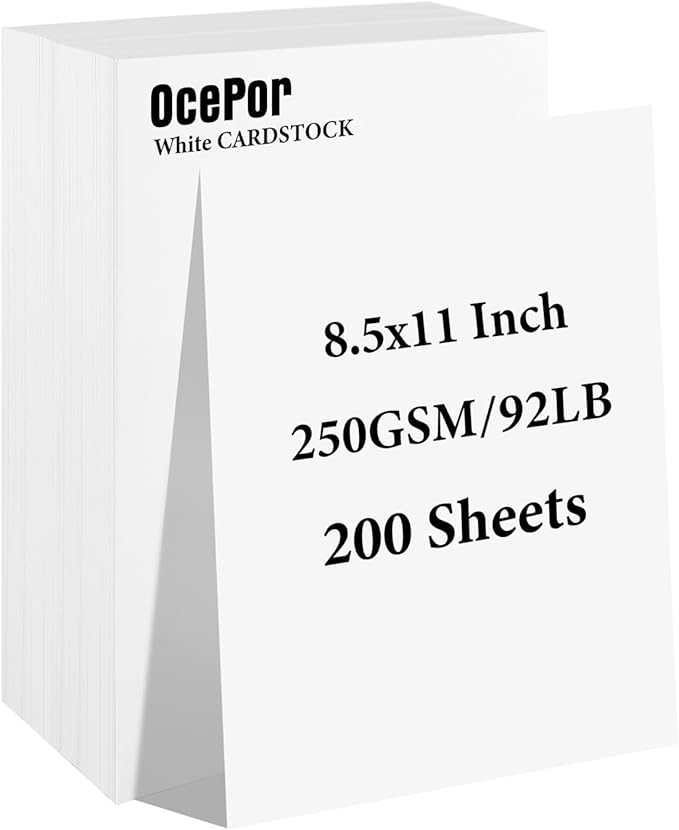 OcePor 200 Sheets White Cardstock 8.5” x 11”, 92lb/250gsm Card Stock, Thick by OcePor