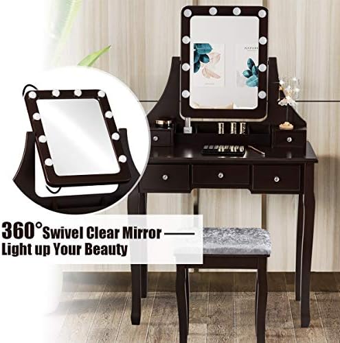 DORTALA Vanity Table Set w/ 360-Degree Rectangular Mirror & Cushioned Sto...