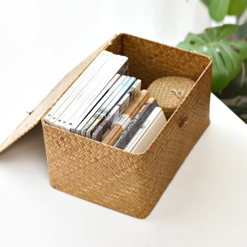 Wicker Basket with Lid, Seagrass Storage Basket, Woven Baskets for Storage, D...