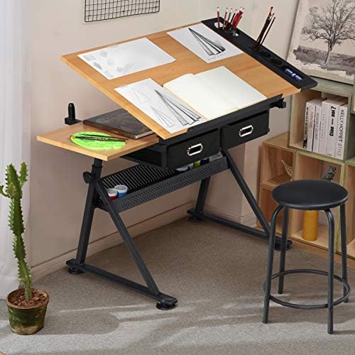 yaheetech adjustable drafting table art desk, storage drawers, side view