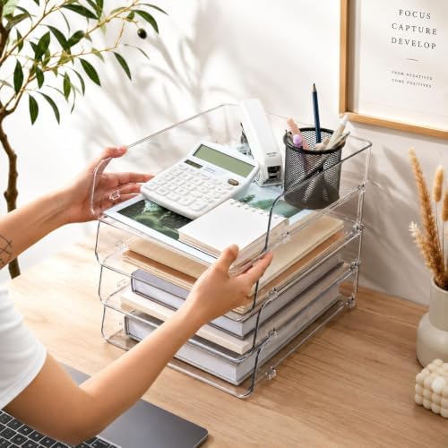 Clear Acrylic Paper Tray, 4 Tier Paper Organizer for Desk