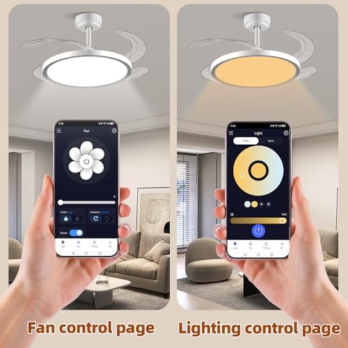 baysquirrel slim retractable ceiling fan with lights and shown in use