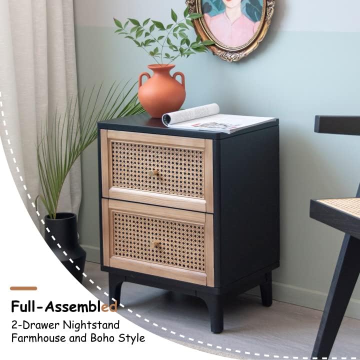 COZAYH - 2 Drawer Boho Nightstand - Black Farmhouse Bedside Table