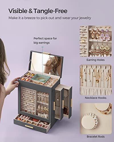 SONGMICS 5-Layer Jewelry Box with Glass Window, 3 Side Drawers