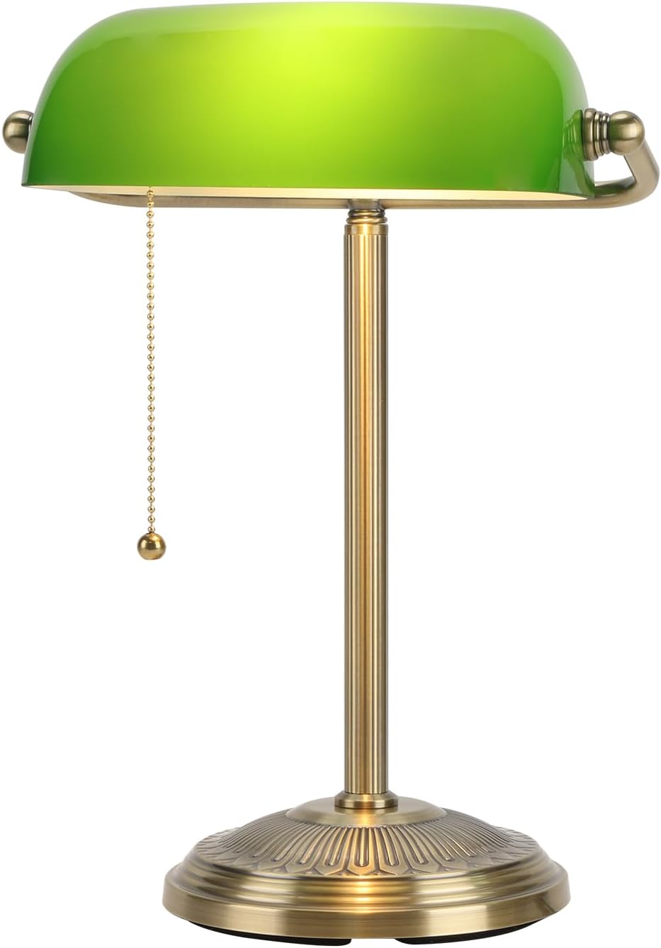 Bankers Lamp, Brass Finish with Pull Switch, Green Glass Shade