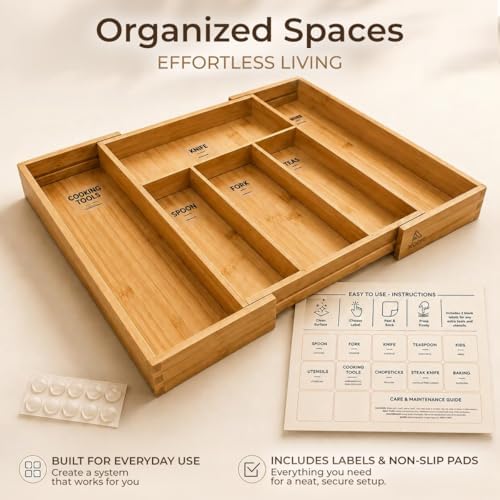Expandable Bamboo Drawer Organizer for Kitchen Utensils, Adjustable Silverwar...