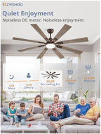zmishibo 62” farmhouse ceiling fan with light, remote showing dimensions