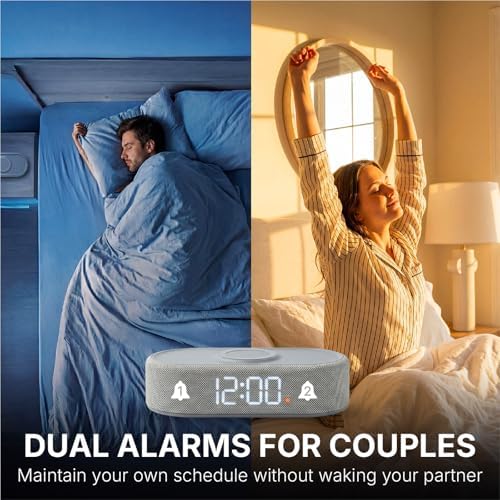 fabric digital alarm clock for bedroom, wireless charging, side view