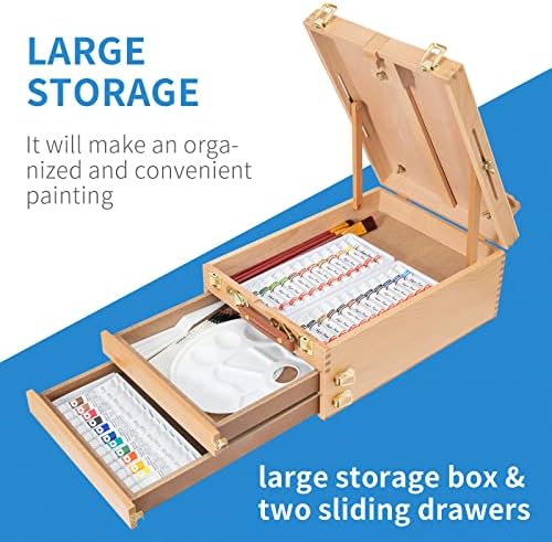falling in art beechwood tabletop easel box, side view
