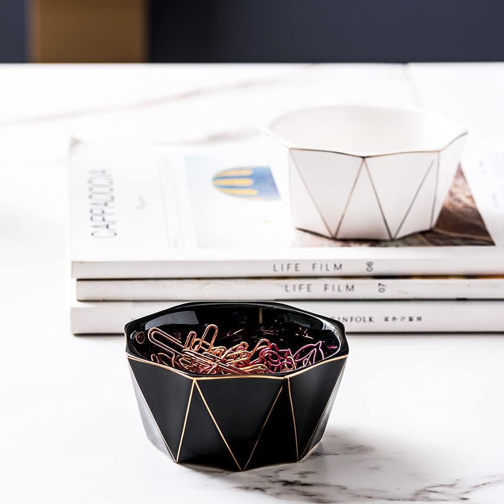 Paper Clip Holder With Gold Line Geometric Ceramic Paper Clip Dispenser for Desk Cute Paper Clip Organizer Office Binder Clip Holder (White)