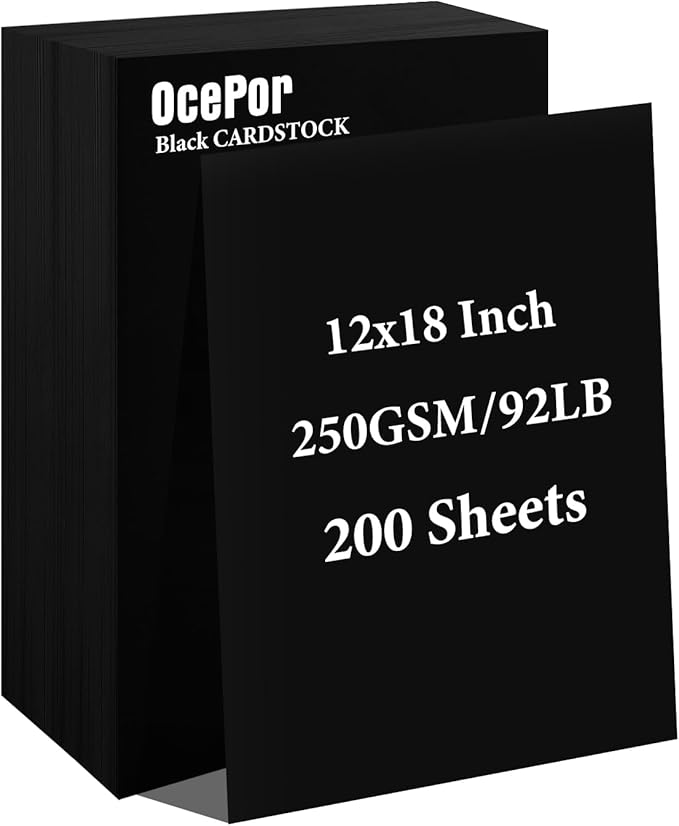 OcePor 200 Sheets Black Cardstock 12” x 18”, 92lb/250gsm Black Card Stock by OcePor