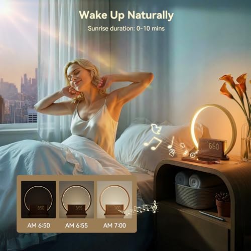 wood grain alarm clock with sunrise lamp &, close-up detail