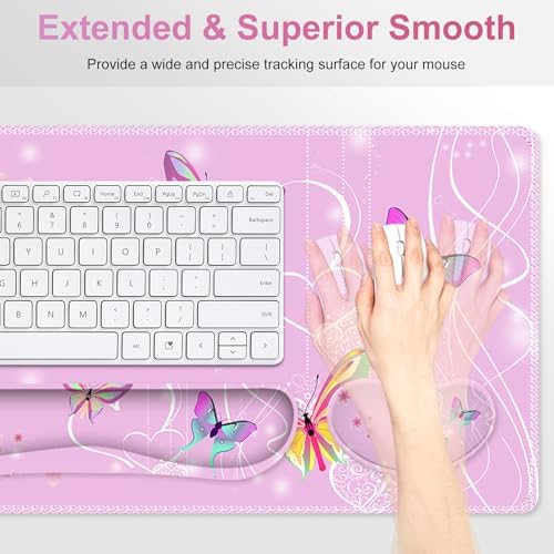 Pink Butterfly Desk Mat, Florals 4 in1 Large Gaming Mouse Pad Set, Ergonomics Keyboard Pad with Memory Foam Wrist Rest, Extended Game Mousepad Non-Slip Desk Protector Matt Easy Typing Pain Relief