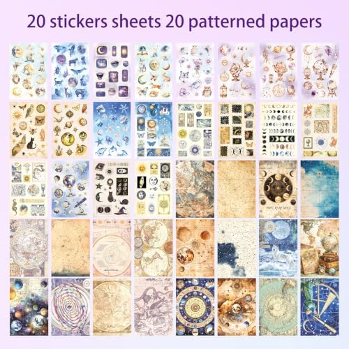 PRSTINCOL Vintage Astrology Sticker Book with Celestial Papers, 40 Pages | 40 Pages Including 20 Sticker Sheets and 20 Vintage Ephemera Papers Featuring Zodiac, Celestial Maps and Astronomy Designs
