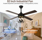 52" farmhouse rustic caged chandelier fan with light, side view