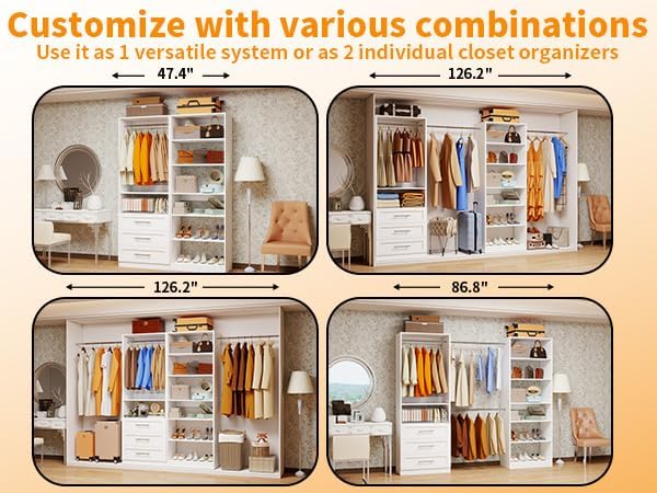 Closet System with 2 Sets, 4FT-10FT Closet Organizer Systems with 3 Wooden Dr...