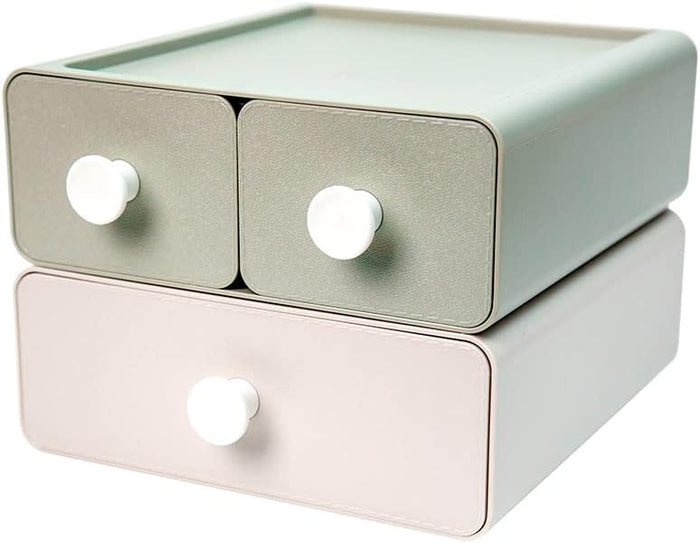 livinbox 2 PCS Stackable Plastic Desk Organizer, Drawer Type Desktop Storage Box, Cosmetics Makeup Stationery, Gel Pens, Pencils, Markers, Tape, Erasers, Paperclips, Chargers, MD-2012 (Beige&Green)