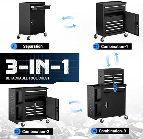 5 drawer rolling tool chest, 3-in-1 assembled tool, side view