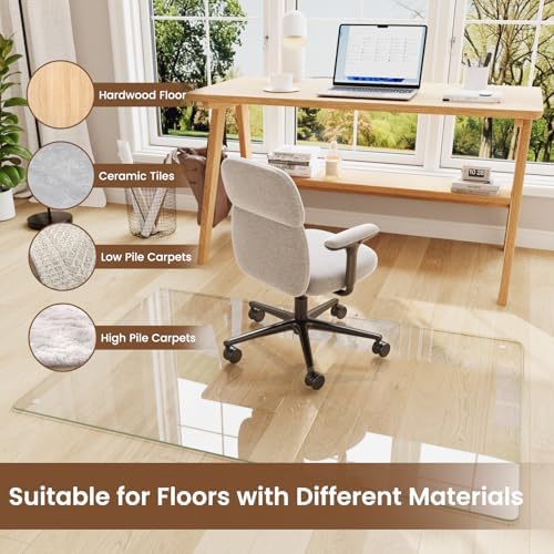30"x48" Tempered Glass Chair Mat for Carpet | Tempered Glass, Round Corner, Desk Floor Mat for Office Chair/Rolling Chair/Hardwood Floor, 6 Anti-Slip Pads