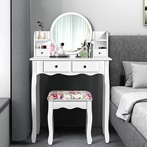 DORTALA Vanity Table Set with Round Mirror, Makeup Desk with Cushioned Stool,...