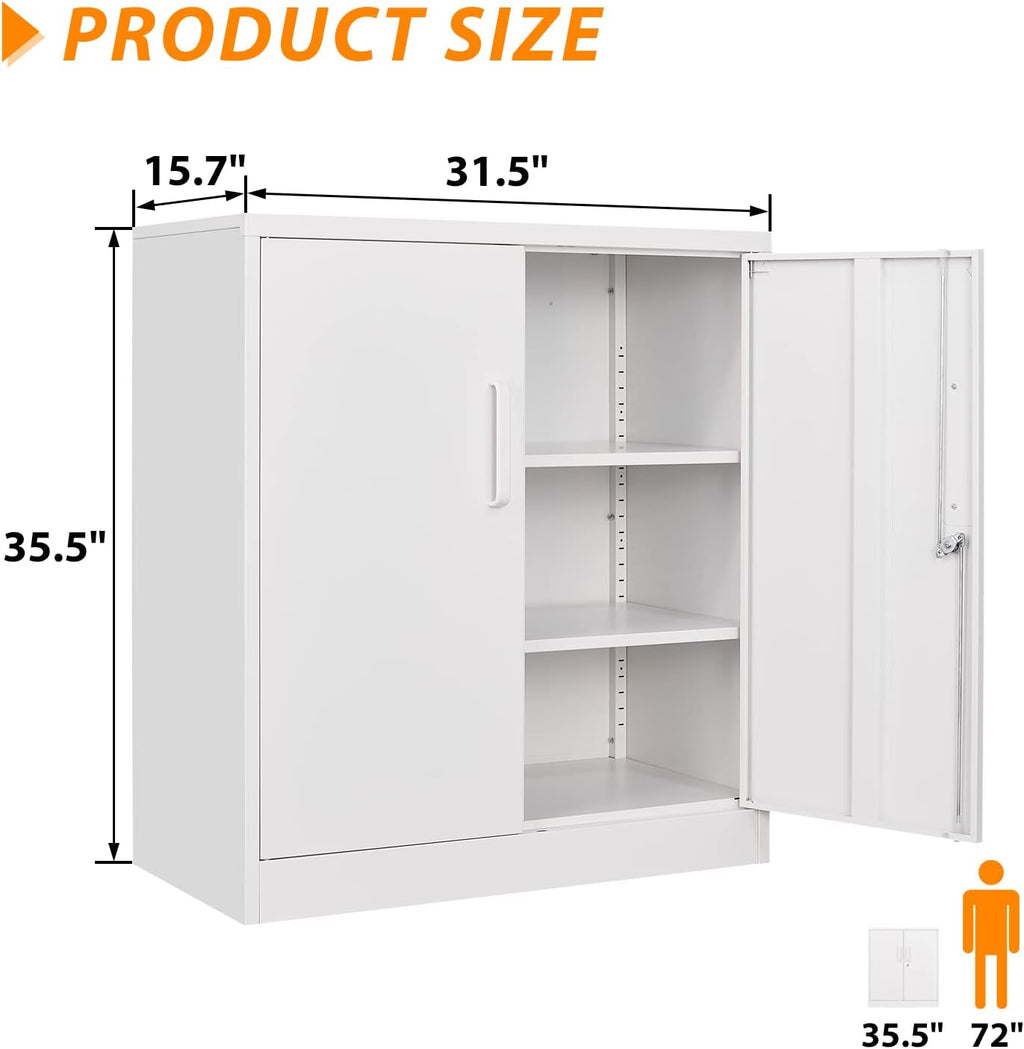 Metal Storage Cabinet, Lockable Steel Storage Cabinet with 2 Doors and Shelves, Metal Cabinet with Lock, Small Locking Cabinet for Home Office (White)