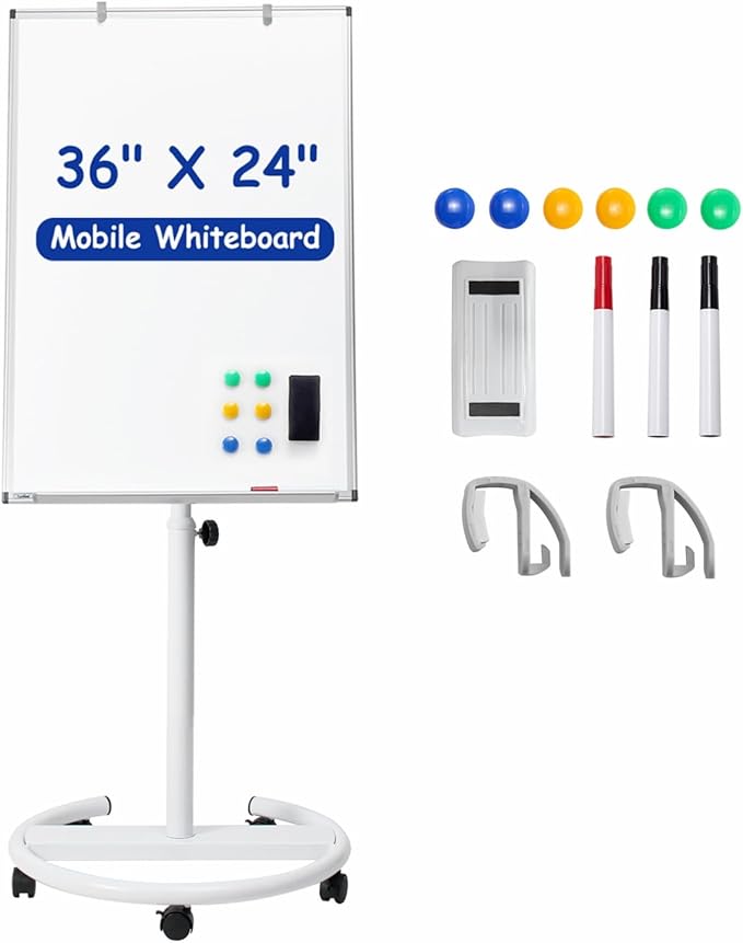 Mobile Whiteboard, 36x24 Inches Standing White Board on Wheels, Portable by Tankee