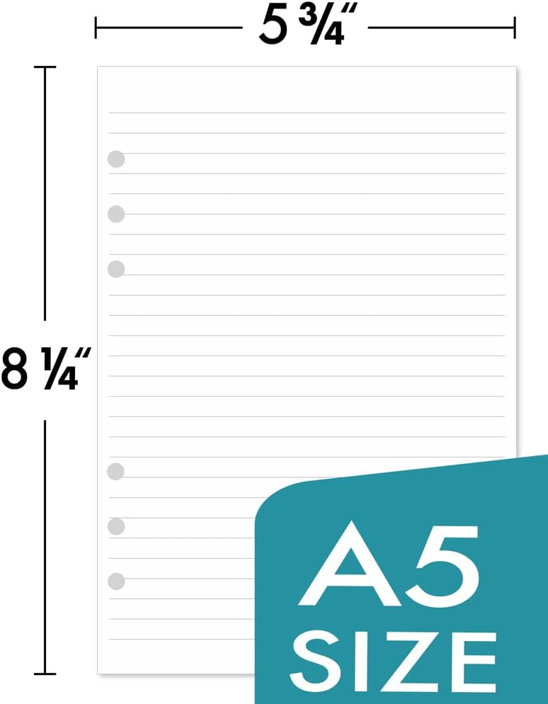 A5 Lined Paper 6-Hole Punched, 100 Sheets (200 Pages), Compatible with Filofax A5 Organizer, 100gsm, White