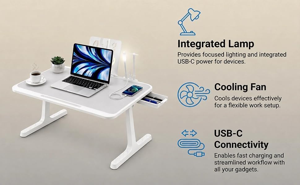 USB-C LED Light Foldable Lap Desk with LED Lamp, Cooling Fan & Book Stand...