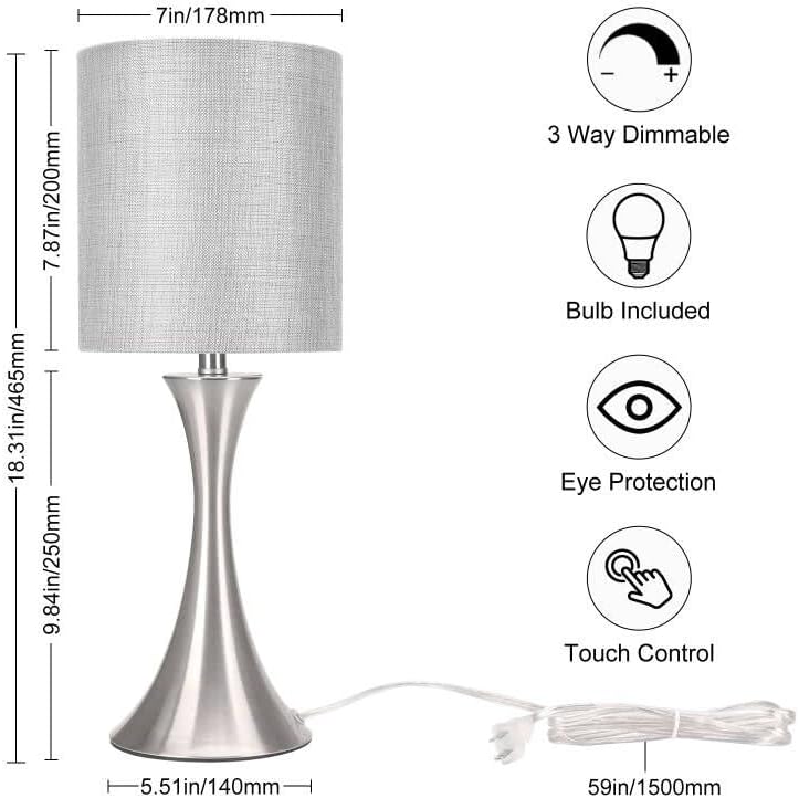 3 way touch control table lamp, dimmable bedside showing dimensions