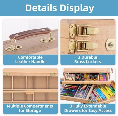 portable beechwood table easel with 3 storage drawers, close-up detail