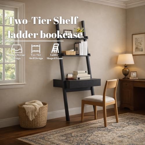Home Office Desk with Ladder Shelf & Drawer, Computer Writing Desk with S...
