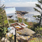 acode wood travel watercolor palette, plein air easel shown in use