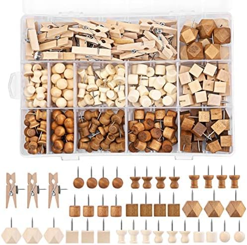 270 Pcs Wood Push Pins, 2 Colors and 7 Types Decorative Thumb Tacks Wooden Head by Imzay
