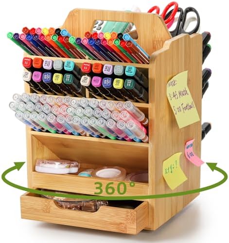 soujoy bamboo pen holder organizer, 360°rotating art supply shown in use