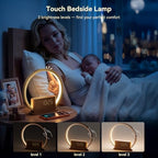 wood grain alarm clock with sunrise lamp & showing dimensions