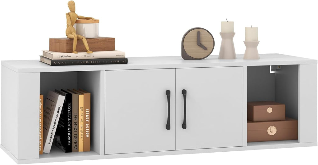 GIANTEX Wall Mounted Storage Cabinet 2 Cube Floating Media Hanging Desk W/2 Doors and 2 Open Shelves, Home Office Furniture for Kitchen, Bathroom, Living Room Floating Console Hutch (White)