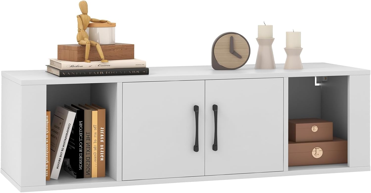 GIANTEX Wall Mounted Storage Cabinet 2 Cube Floating Media Hanging Desk W/2 Doors and 2 Open Shelves, Home Office Furniture for Kitchen, Bathroom, Living Room Floating Console Hutch (White)