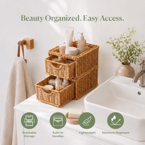 Cantalop 2PCS Stackable Rattan Storage Drawers, Makeup Organizer