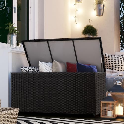 sundale 70 gallon oudoor deck box, large rattan on a desk or shelf