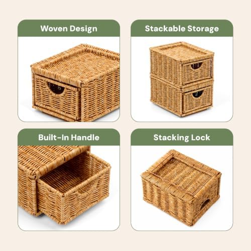 Cantalop 2PCS Stackable Rattan Storage Drawers, Makeup Organizer