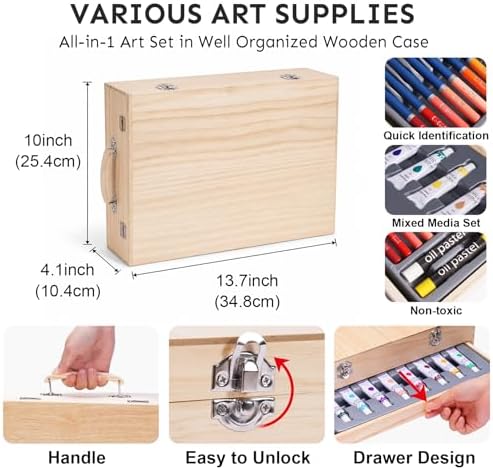 tmol 85 piece deluxe wooden art supplies, art showing dimensions