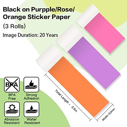 Phomemo Colorful Thermal Sticker Paper for M02/M02 Pro/M04S Mini Printer | Black Character on Purpple/Rose/Orange, 50mm x 3.5m, Diameter 30mm, 3 Rolls
